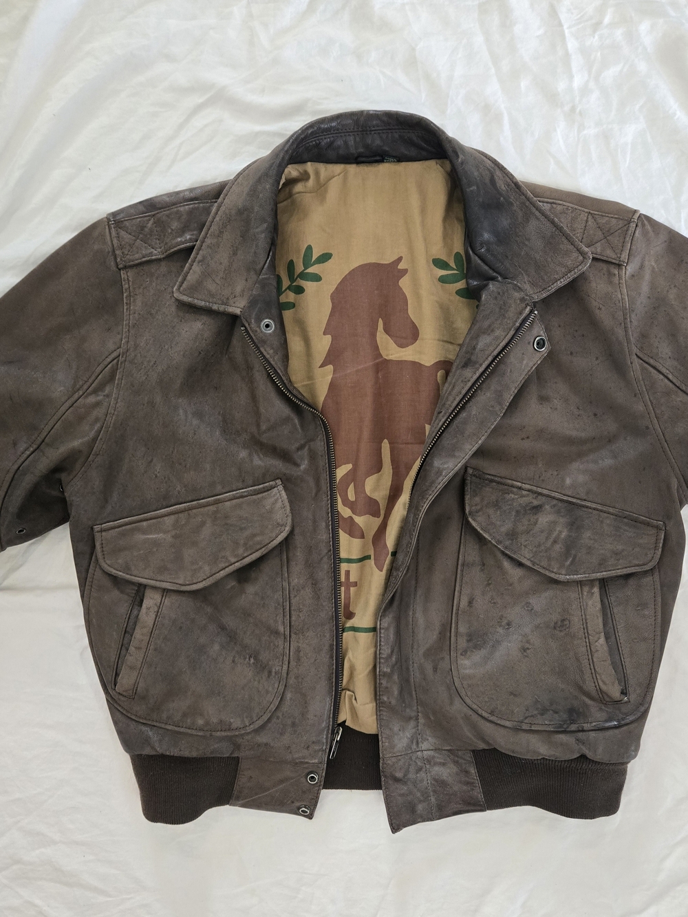 Vintage Hunt Club Brown Leather A2 Style Bomber Flight Jacket with Horse Graphic